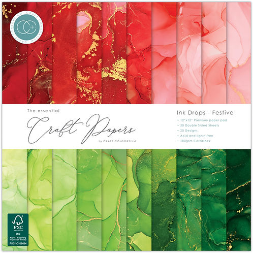Craft Consortium - The Essential Craft Papers - 12 x 12 Paper Pad - Ink Drops - Festive