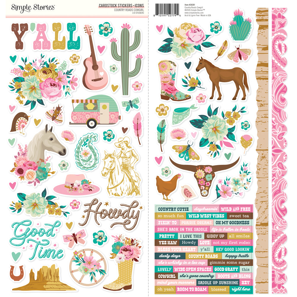 ***Pre-Order*** Simple Stories - Country Roads Cowgirl - Cardstock Stickers Icons