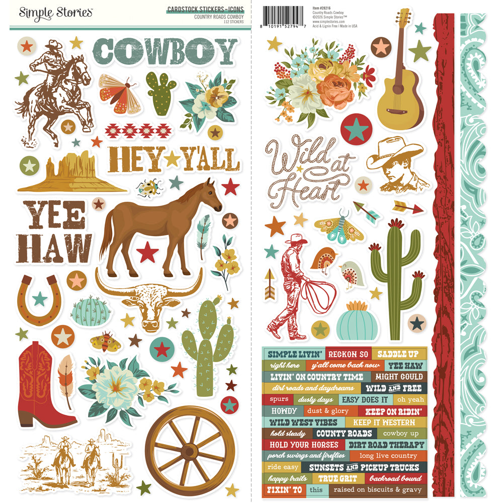 ***Pre-Order*** Simple Stories - Country Roads Cowboy - Cardstock Stickers Icons