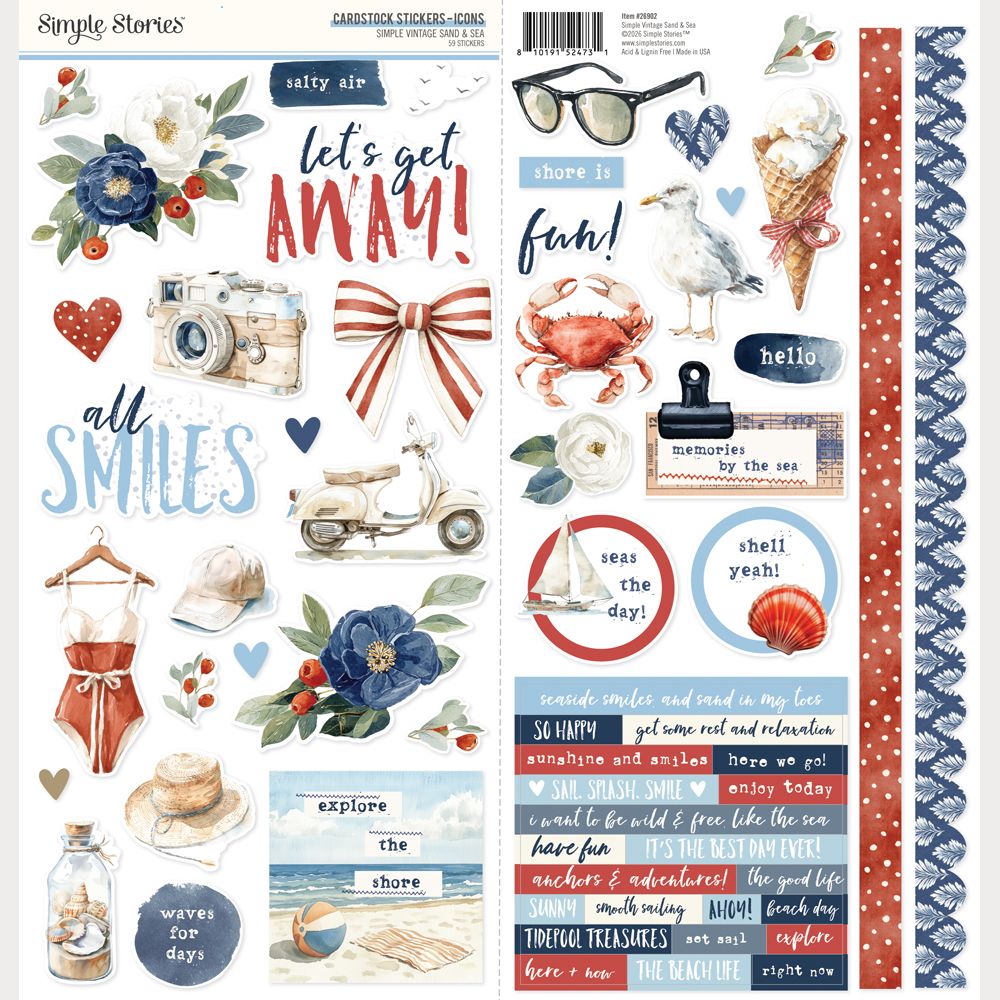 ***Pre-Order*** Simple Stories - Simple Vintage Sand & Sea - Cardstock Stickers Icons