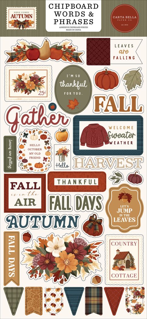 ***Pre-Order*** Carta Bella - Here Comes Autumn - 6x13 Chipboard Words & Phrases