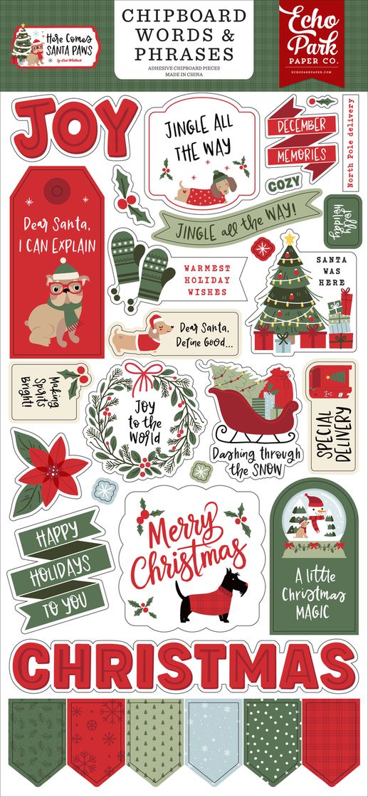 ***Pre-Order*** Echo Park - Here Comes Santa Paws - 6x13 Chipboard Word & Phrases