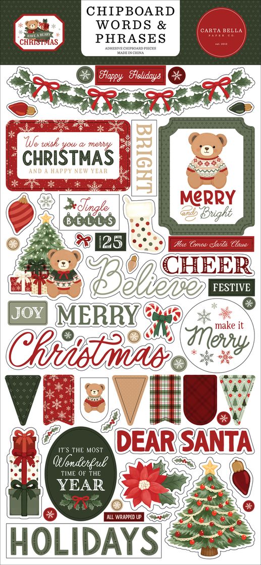 ***Pre-Order*** Carta Bella - Have A Beary Christmas - 6x13 Chipboard Words & Phrases