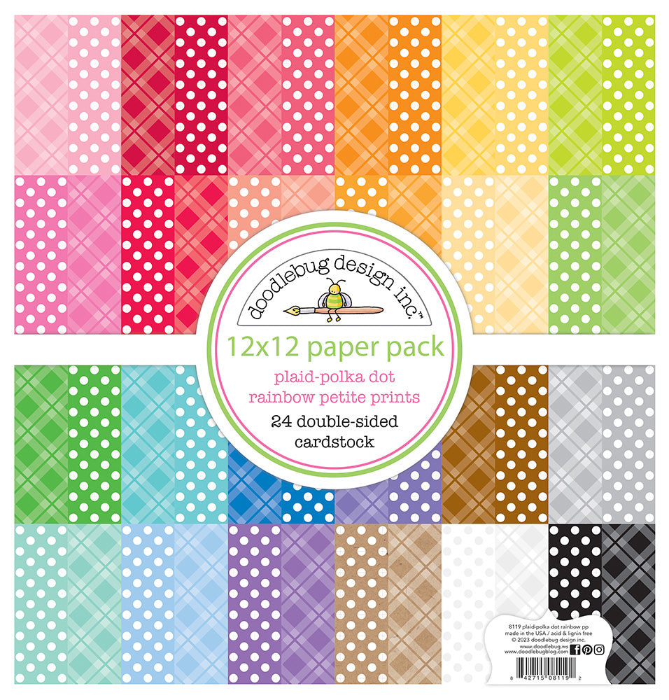 Doodlebug - 12 x 12 Paper Pack - Plaid and Polka Dot - Rainbow - Petite Print Assortment