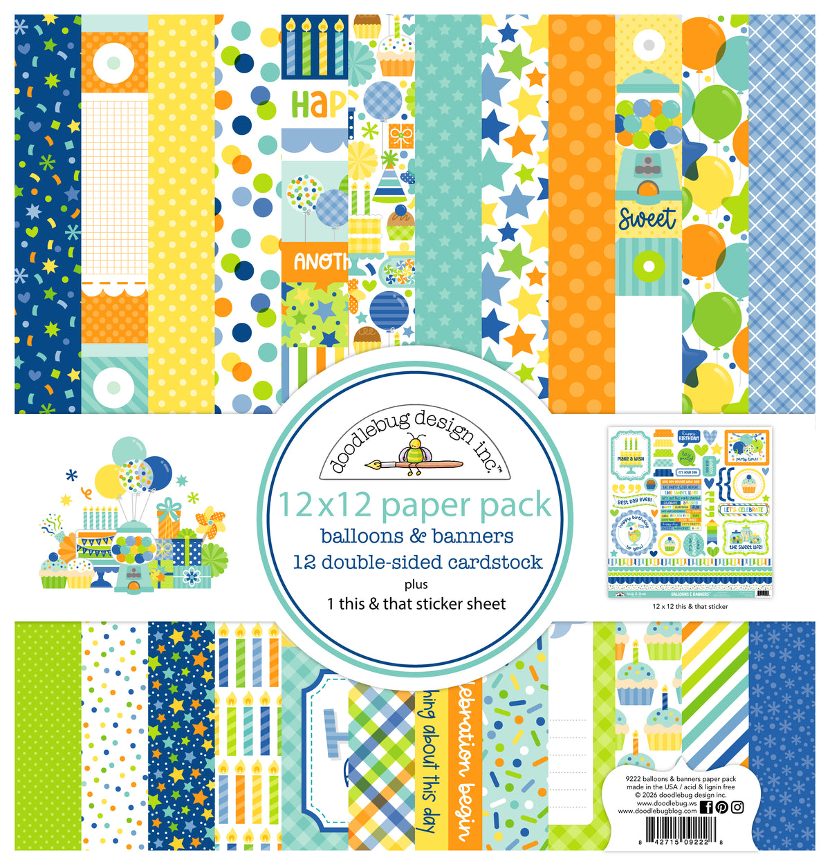 Doodlebug - Balloons & Banners - 12X12 Paper Pack