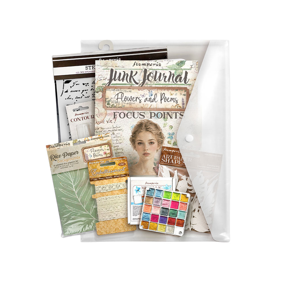 ***Pre-Order*** Stamperia - Art Journaling Selection Flowers And Poems - Content: Junk Journal Focus Point + Art Paper Shape + Stencil + Watercolor + Rice Paper A6 Backgrounds + Contur + Rope