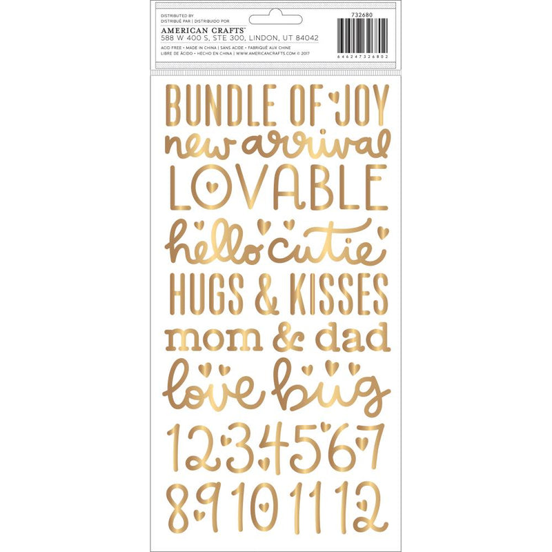 American Crafts - Night Night Baby Girl - Thickers Stickers - Words & Numbers - Gold Foiled Foam