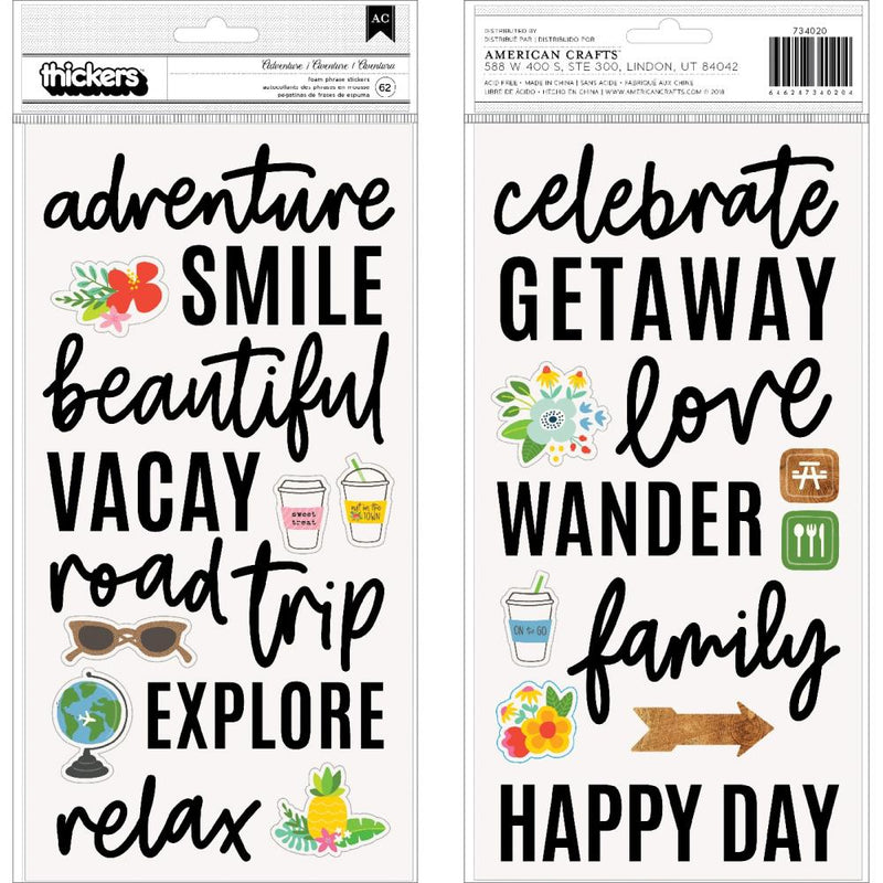 Pebbles - Chasing Adventures - Thickers Stickers - Phrase & Icon - Black Foam