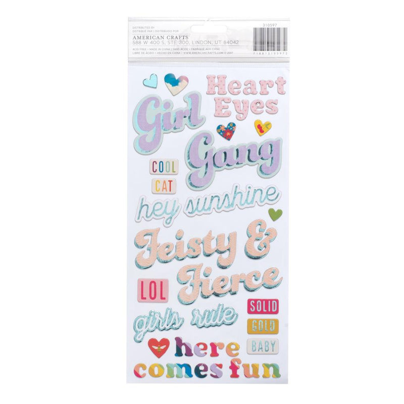 American Crafts - Wild Child - Thickers Stickers - Girl Power Phrases - Chipboard With Teal Foil