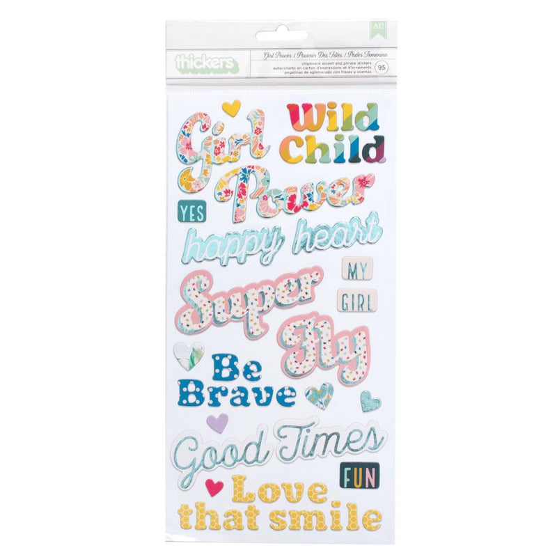 American Crafts - Wild Child - Thickers Stickers - Girl Power Phrases - Chipboard With Teal Foil