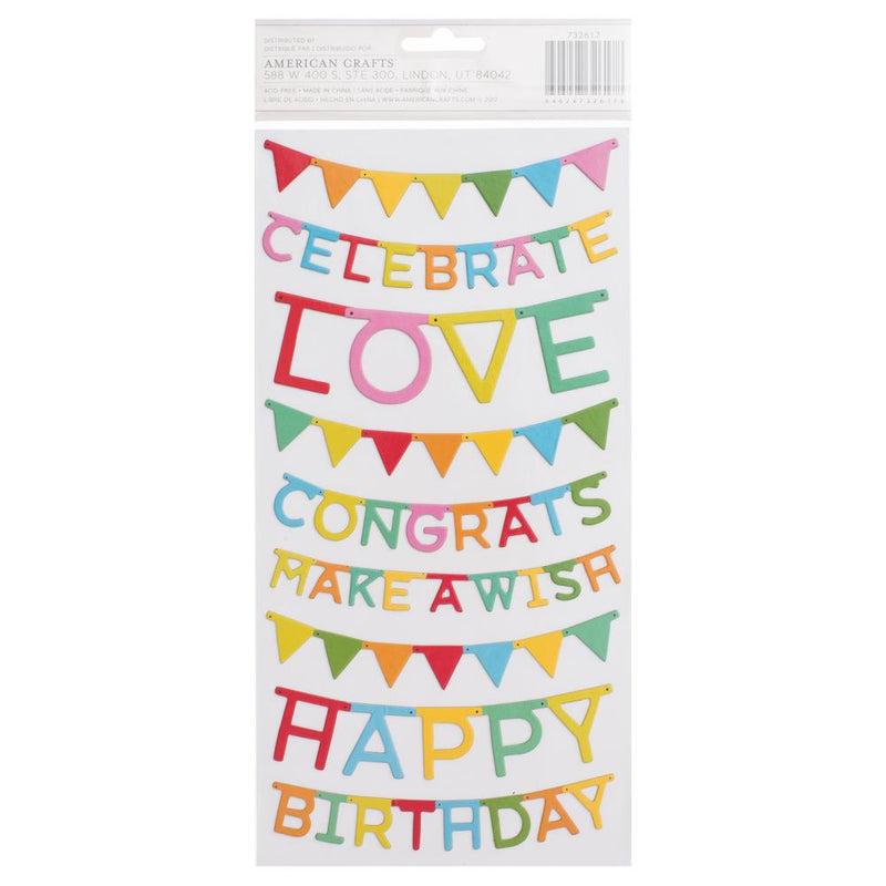 Pebbles - Happy Hooray - Thickers Stickers - Phrases & Banners - Printed Chipboard