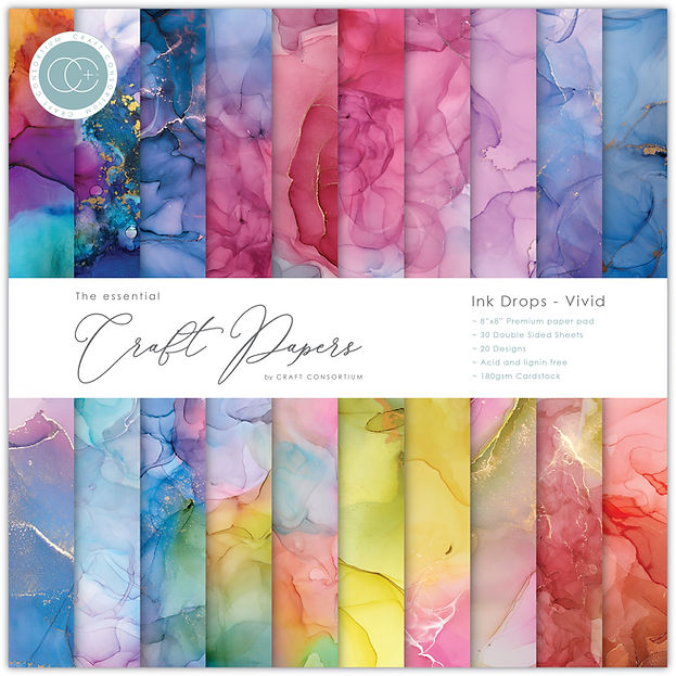 Craft Consortium - The Essential Craft Papers - 8 x 8 Paper Pad - Ink Drops - Vivid