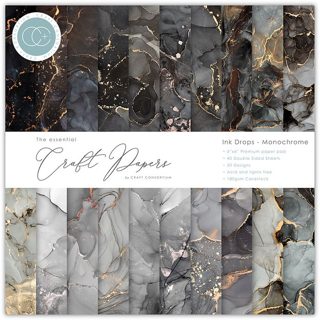 Craft Consortium - The Essential Craft Papers - 6 x 6 Paper Pad - Ink Drops - Monochrome