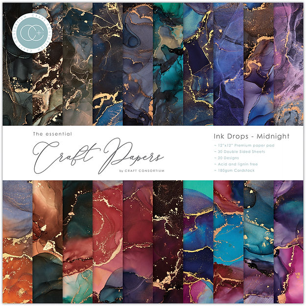 Craft Consortium - The Essential Craft Papers - 12 x 12 Paper Pad - Ink Drops - Midnight