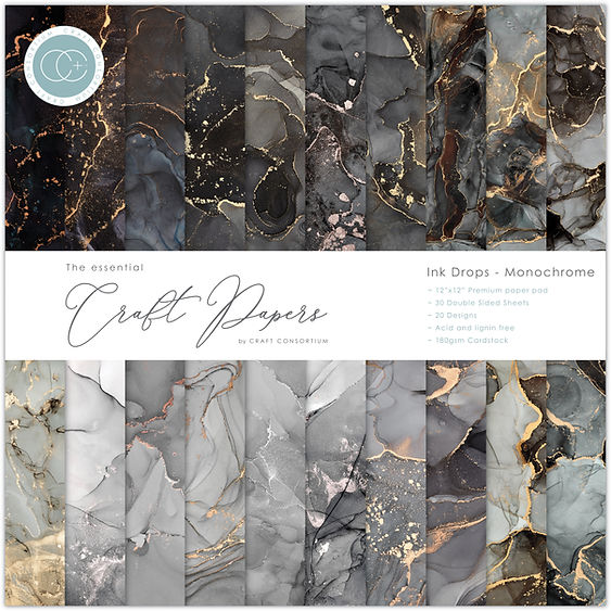 Craft Consortium - The Essential Craft Papers - 12 x 12 Paper Pad - Ink Drops - Monochrome