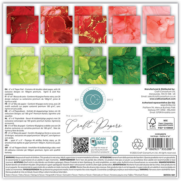 Craft Consortium - The Essential Craft Papers - 6 x 6 Paper Pad - Ink Drops - Festive