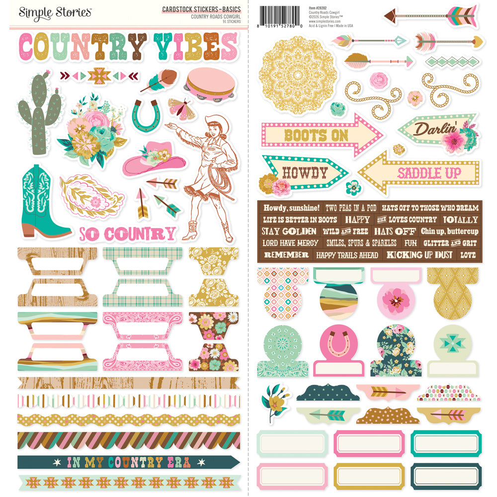 ***Pre-Order*** Simple Stories - Country Roads Cowgirl - Cardstock Stickers Basics