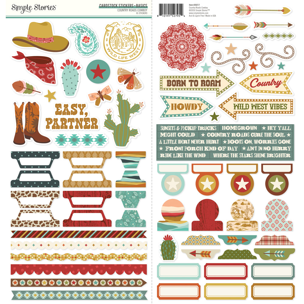 ***Pre-Order*** Simple Stories - Country Roads Cowboy- Cardstock Stickers Basics