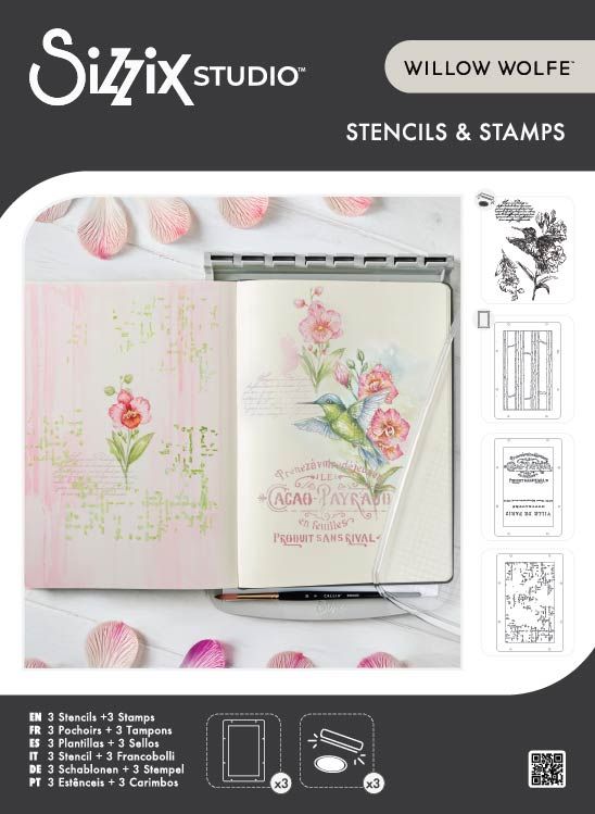 Sizzix - Clear Stamps Set 3PK w/3PK Stencils Hummingbird and Orchids by Willow Wolfe