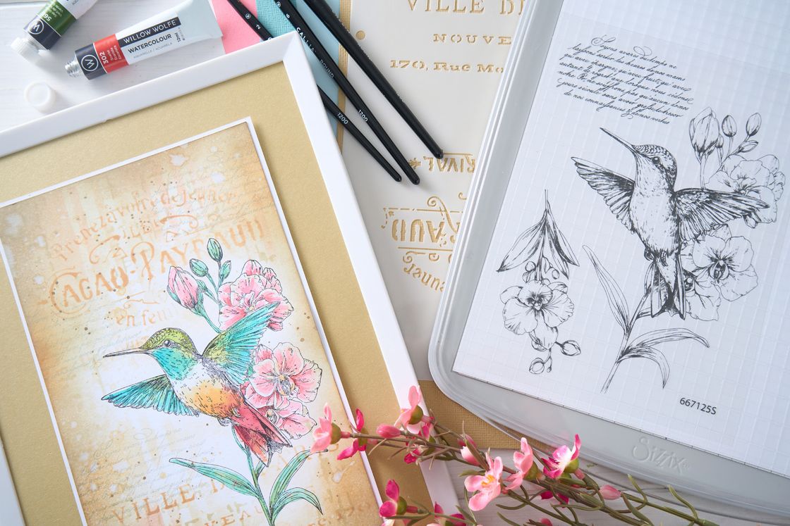 Sizzix - Clear Stamps Set 3PK w/3PK Stencils Hummingbird and Orchids by Willow Wolfe