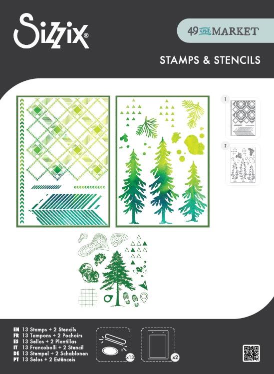 Sizzix - Clear Stamps Set 13PK w/1PK Stencils Set Outdoor Essentials by 49 and Market