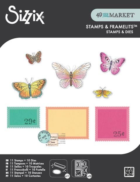 Sizzix - Clear Stamps Set 11PK w/10PK Framelit Dies Postage Wings by 49 and Market