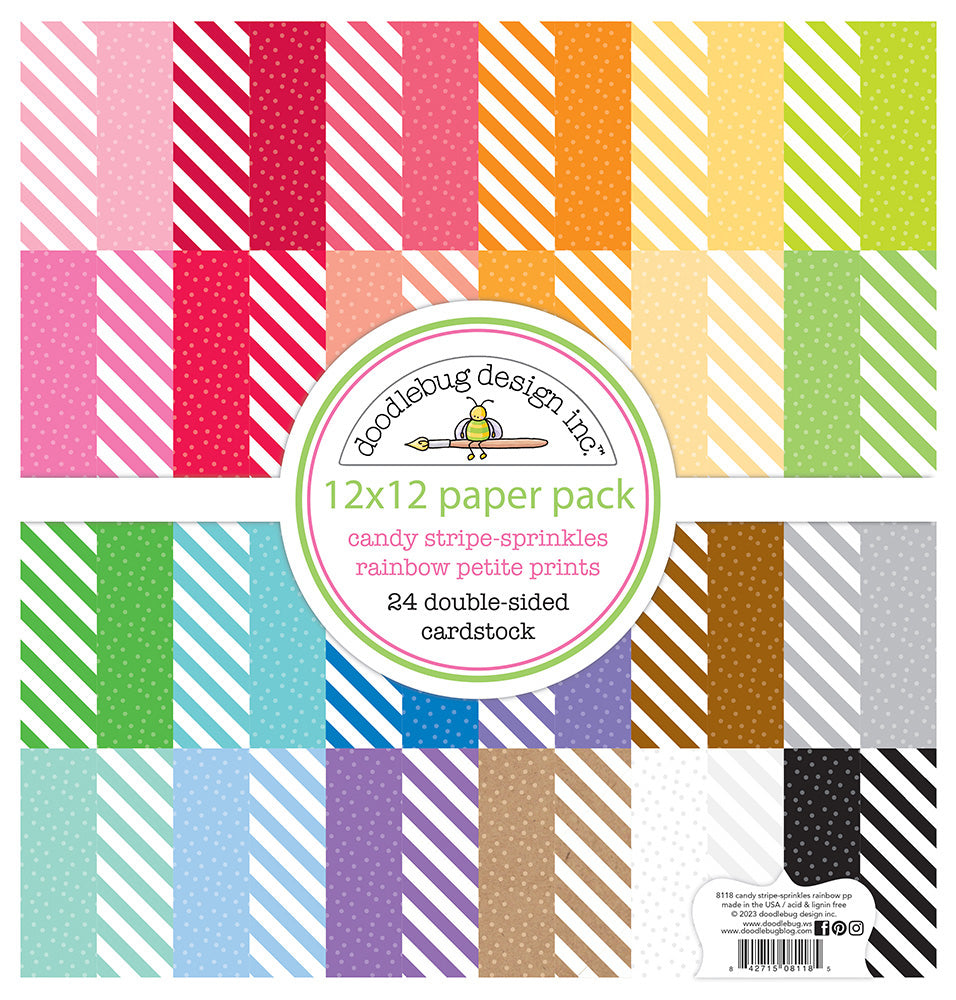 Doodlebug - 12 x 12 Paper Pack - Candy Stripe and Sprinkles - Rainbow - Petite Print Assortment