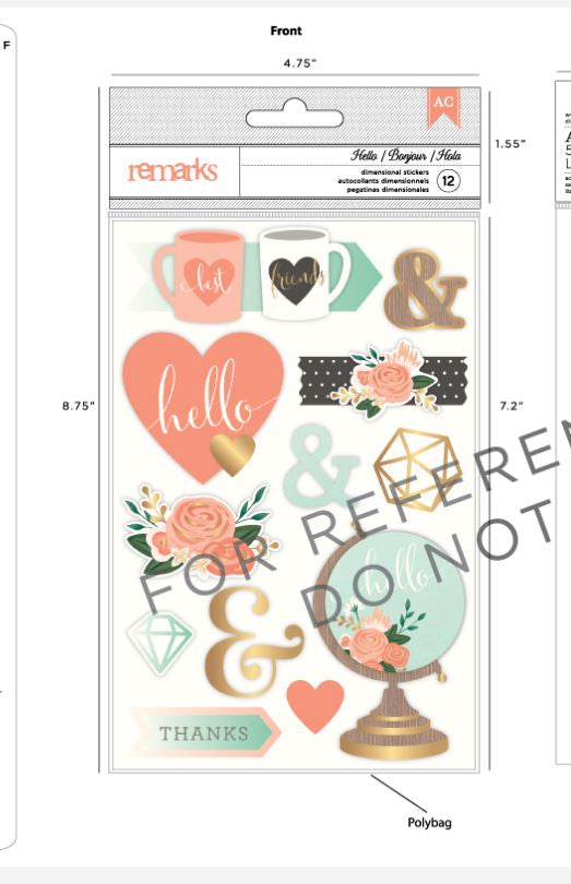 Remarks - 3D Sticker - HELLO - 4.75 X 8.75 - 12PC