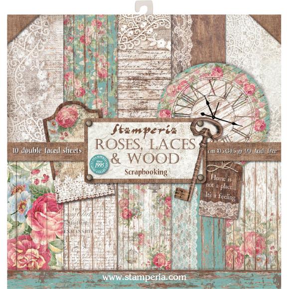 Stamperia - Double-Sided Paper Pad 12"X12" - Roses, Lace & Wood